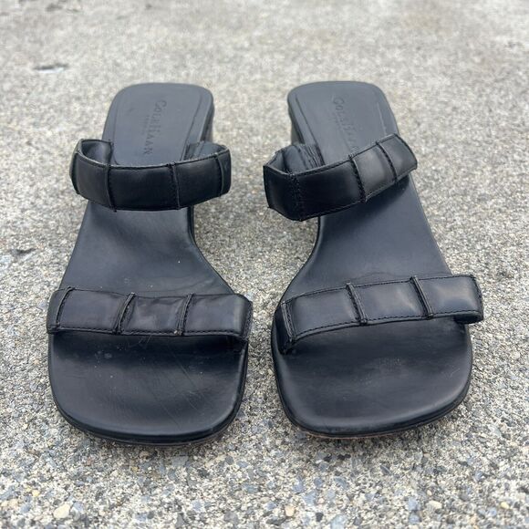 Cole Haan Black Leather Square Slide Open Toe Sandals - Picture 3 of 10